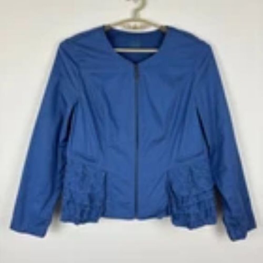" SOLD" LOGO by Lori Goldstein Zip Front Jacket with Eyelet Ruffle, Blue, Small